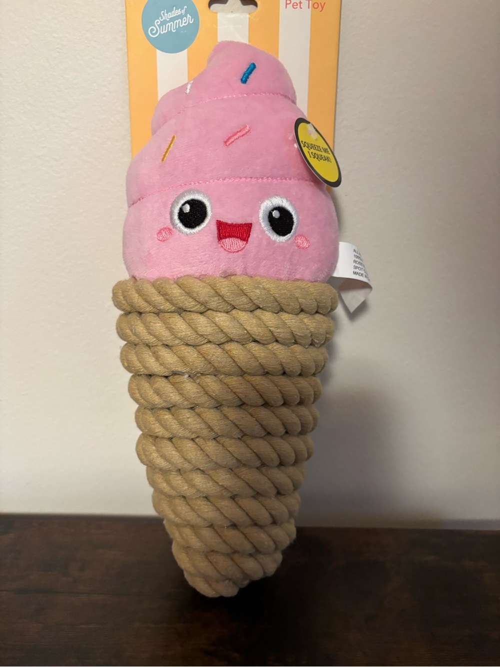 Pink Ice Cream Squeaky Dog Toy - Plush & Rope